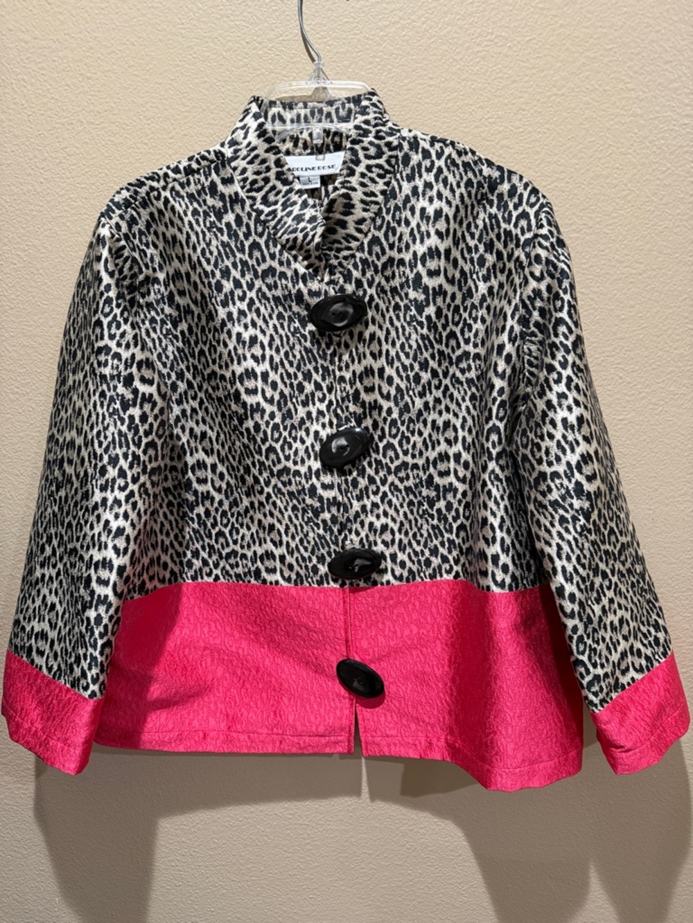 Caroline Rose Leopard Print Colorblock Statement Jacket with Hot Pink Trim